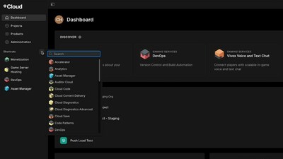 Unity Cloud 儀表板預(yù)覽，展示了基于文本和基于圖標的側(cè)邊和頂部菜單