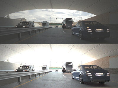 Sony IMX728 sensor simulation using an Anyverse Hyperspectral image as input. (Top) HDR on, (Bottom) HDR off. Sony IMX728 sensor simulation using an Anyverse Hyperspectral image as input. (Top) HDR on, (Bottom) HDR off.