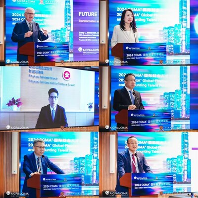演講及致辭領(lǐng)導、嘉賓：左上：AICPA & CIMA國際注冊專業(yè)會計師公會全球首席執(zhí)行官柏瑞·梅蘭肯；左中：香港特區(qū)政府財經(jīng)事務(wù)及庫務(wù)局副局長陳浩濂；左下：香港中文大學（深圳）協(xié)理副校長（學生事務(wù)），校長講座教授，深圳高等金融研究院副院長王叢教授；右上：AICPA & CIMA國際注冊專業(yè)會計師公會北亞區(qū)總裁李穎；右中：深圳前海港深現(xiàn)代服務(wù)業(yè)合作區(qū)管理局副局長 袁富勇；右下：香港中文大學（深圳）經(jīng)管學院執(zhí)行院長，校長講座教授，深圳高等金融研究院金融科技與社會金融研究中心主任，深圳數(shù)據(jù)經(jīng)濟研究院副院長張博輝教授