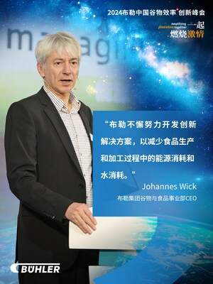布勒集團(tuán)谷物與食品事業(yè)部CEO Johannes Wick就全球谷物市場趨勢和布勒解決方案做了開場演講