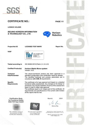 SGS為地平線Matrix Mono System頒發(fā)ISO 26262 ASIL B 功能安全產(chǎn)品認(rèn)證證書
