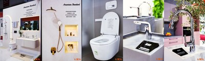 （從左至右分別為）洛文套間、纖格系列溫暖金配色方案、睿樂掛墻式智能座廁、纖流感應(yīng)面盆龍頭、慧廚免觸感應(yīng)抽拉龍頭，以強(qiáng)大的產(chǎn)品陣容彰顯美標(biāo)實(shí)力