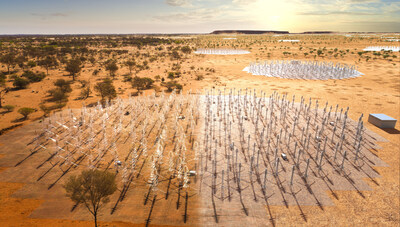 在西澳大利亞州Inyarrimanha Ilgari Bundara，即CSIRO Murchison射電天文臺建設中的SKA-Low望遠鏡的復合藝術效果圖（圖片來源：SKAO）