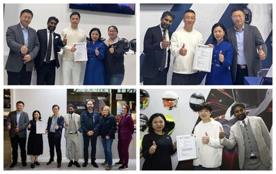 TüV萊茵分別為永恒937SV 摩托車頭盔（左上），遠(yuǎn)景FF32摩托車頭盔（右上），GSB X30（XP-28）摩托車頭盔（左下）和野馬YM-853-1,YM-659-1摩托車頭盔（右下）頒發(fā)E-mark認(rèn)證證書