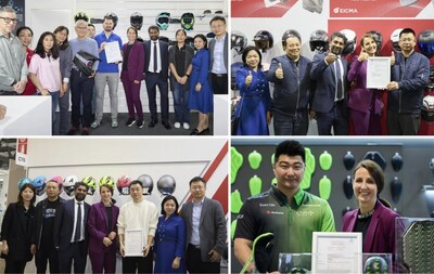 TüV萊茵分別為韜略ST-1587 MIPS摩托車頭盔（左上），文錦FF935摩托車頭盔（右上），友愛YA-611摩托車頭盔（左下）頒發(fā)E-mark 認(rèn)證證書；以及為ESA護(hù)具（右下）頒發(fā)CE 認(rèn)證證書
