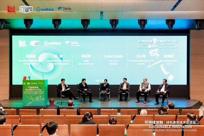 圖片從左至右依次為：同濟大學建筑設(shè)計研究院（集團）有限公司副總工程師，科管部主任吳宏磊；上海陸家嘴金融貿(mào)易區(qū)開發(fā)股份有限公司產(chǎn)品研發(fā)與技術(shù)管理中心高級經(jīng)理陸煊；同濟大學建筑設(shè)計研究院(集團)有限公副總建筑師文小琴；華建集團建筑工業(yè)化學科中心主任李進軍；Sweco Finland國際運營總監(jiān)Lasse Rajala；中建八局新型建造工程公司總工程師陳海洲