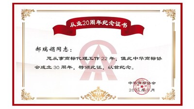 中華商標協(xié)會向郝瑞娟女士頒發(fā)從業(yè)20周年紀念證書
