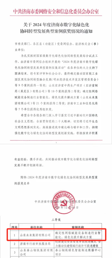 集團(tuán)榮獲2024年度濟(jì)南市數(shù)字化綠色化協(xié)同轉(zhuǎn)型發(fā)展典型案例三等獎(jiǎng)