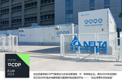 臺(tái)達(dá)四度榮獲CDP氣候變化與水安全管理雙“A”領(lǐng)導(dǎo)級(jí)企業(yè)。圖為2024年啟用的百萬(wàn)瓦(MW)級(jí)水電解制氫與氨燃料電池測(cè)試平臺(tái)——“臺(tái)達(dá)凈零科學(xué)實(shí)驗(yàn)室”。