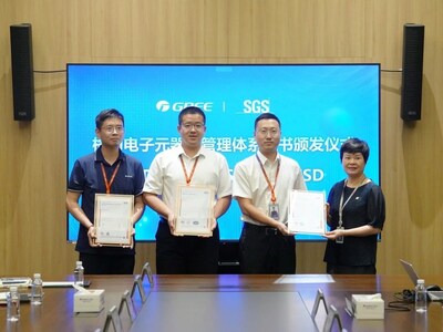 SGS為格力電器旗下珠海格力電子元器件有限公司頒發(fā)ISO 9001質量管理體系、IATF 16949汽車質量管理體系及ANSI/ESD S20.20-2021靜電防護管理體系認證證書