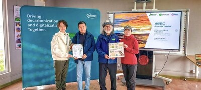 啟動儀式現(xiàn)場（從左至右：SEE基金會合作發(fā)展與內(nèi)容運營總監(jiān)周軒宇，英飛凌科技高級副總裁、工業(yè)與基礎(chǔ)設(shè)施業(yè)務(wù)大中華區(qū)負責人于代輝，綠色江河發(fā)起人楊欣，英飛凌科技大中華區(qū)企業(yè)傳播負責人朱琳）